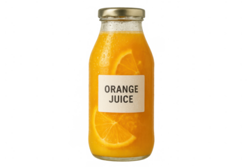Orange juice refreshing beverage in glass bottle with orange slices, containing vitamins, on transparent background