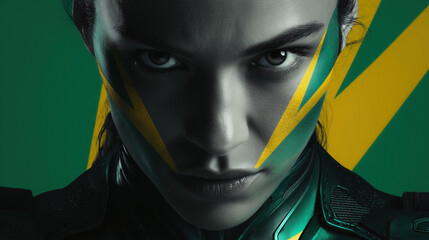 Brazilian Female Superhero.  Female Heroine with Striking Yellow and Green Facial Design