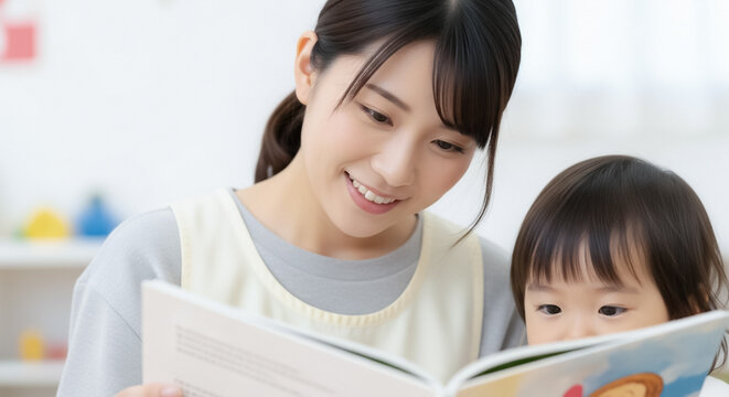 保育園で子どもと絵本を読む保育士の女性