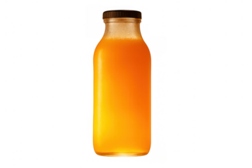 Glass bottle filled with refreshing orange juice, perfect for a healthy drink concept. Isolated food and drink element