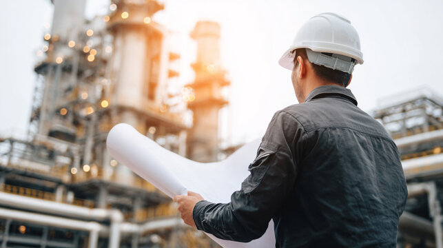 Engineer holding construction blueprints, background includes partially completed building.