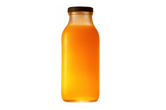 Glass bottle filled with refreshing orange juice, perfect for a healthy drink concept. Isolated food and drink element