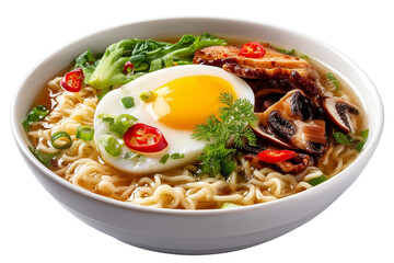 Ramen noodle bowl with fried egg, sliced mushrooms, chili pepper, green onion, leafy greens, and broth served in white bowl, fresh and appetizing Asian soup meal