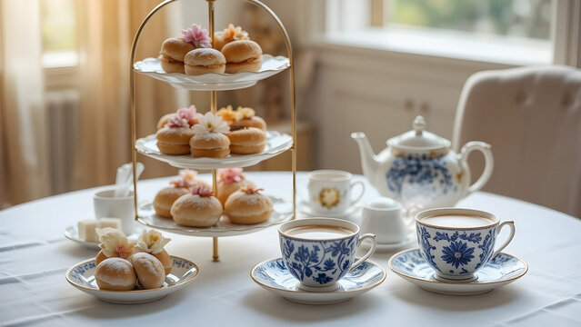 Traditional high tea set, mini sandwiches, tiered stand, teapot, blue pattern, celebration, food, drinks