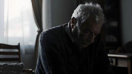 Elderly man sitting alone in quiet room reflecting on life symbolizing mental wellness aging loneliness and emotional awareness in older adults. Mental health and wellbeing concept