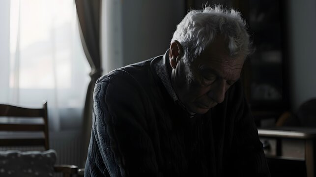 Elderly man sitting alone in quiet room reflecting on life symbolizing mental wellness aging loneliness and emotional awareness in older adults. Mental health and wellbeing concept