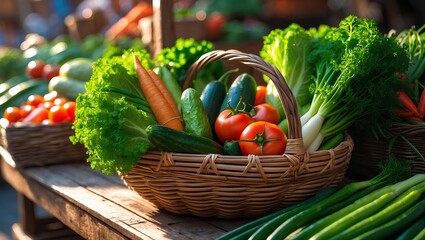 Fresh Vegetables in a Rattan Basket at a Traditional Market - Healthy Lifestyle showcases colorful harvests, authentic market ambience, and nourishing habits that support a balanced