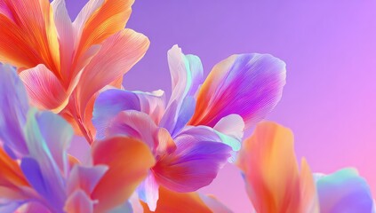 Close-up vibrant, abstract flowers in hues of orange, pink, and purple on a soft gradient background