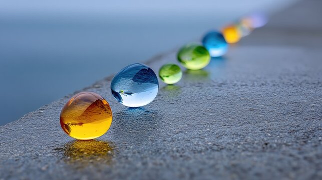 Close up Macro Shot of Wet Colorful Glass Stones Lined Up on a Textured Concrete Surface with Glistening Reflections on a Blurred Blue Background