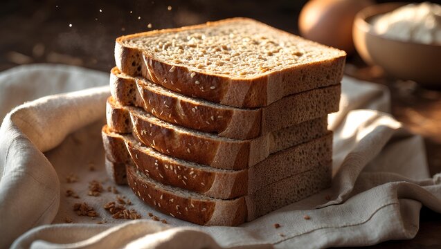 Stack of Whole Wheat Bread on Linen Cloth - Healthy Lifestyle highlights natural texture, wholesome grains, and simple nourishment that reflect mindful and balanced living.