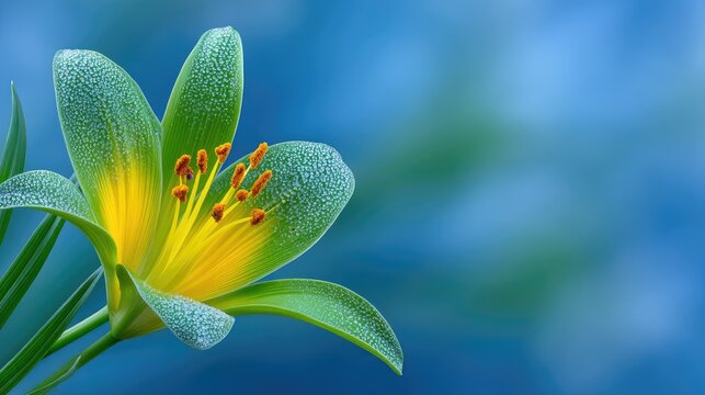 Close Up Macro View Of A Lily Flower Stamen Covered In Pollen With A Soft Blue Bokeh Background And Green Petals