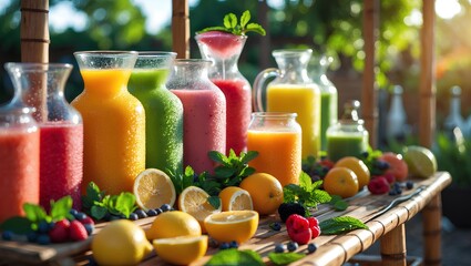 Healthy Lifestyle fresh juice station set in an open-air space with vibrant fruits, clear glass pitchers, and bright natural light to inspire energizing habits and a refreshing approach to daily welln