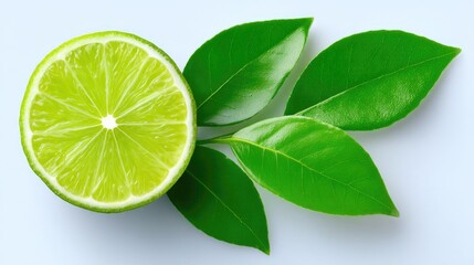 Close up of a bright green sliced lime with fresh green leaves arranged on a clean white background with subtle lighting highlighting the natural textures and vibrant colors