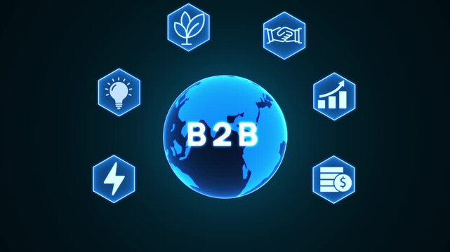Global B2 B Business Network with Industry Icons and Earth Globe Keywords: B2 B, business to business, global, network, earth, globe, world, connection, communication, technology, digital, icons