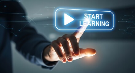 A hand presses a glowing blue "START LEARNING" button on a digital screen, symbolizing education and new beginnings.