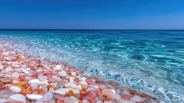 Close up of colorful small rocks and coral pieces on a pristine beach with crystal clear turquoise ocean water and bright blue sky on a sunny day
