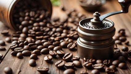 Healthy Lifestyle scene featuring manual coffee grinder with organic beans scattered warmly, symbolizing sustainable choices, calm routines, and the pleasure of mindful morning energy