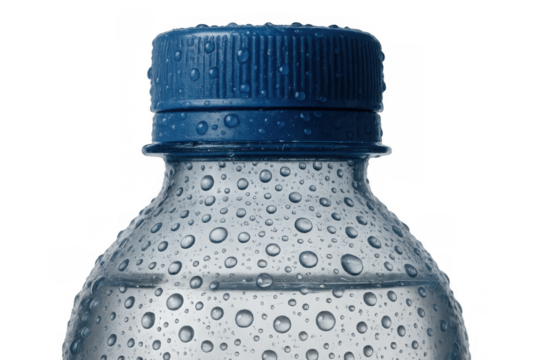 Water bottle with blue cap and fresh droplets, conveying hydration, refreshment, health, cold drink, transparent background
