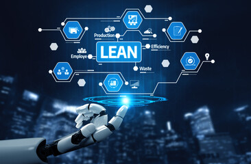 A futuristic robot hand displays a digital representation of the lean concept with various graphics and data visualizations in a contemporary business setting. Tessel