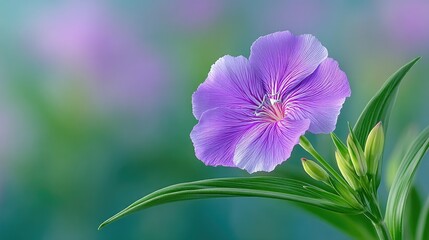 Close-up Macro Photograph of a Vibrant Purple Flower with Intricate Petals and Green Leaves on a Soft Blurred Teal and Lavender Background Bathed in Gentle Natural Light