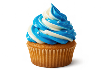 Cupcake with blue and white swirled frosting and white edible pearls, a sweet dessert on transparent background