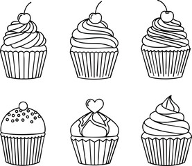Cupcake Collection Black and White Line Art of Sweet Treats
