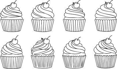 Set of Eight Cupcake Line Art Drawings for Baking and Dessert Themes