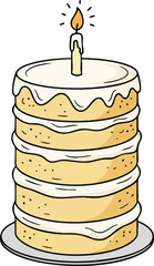 Whimsical Birthday Cake Illustration with Lit Candle on a Plate, Perfect for Celebrations