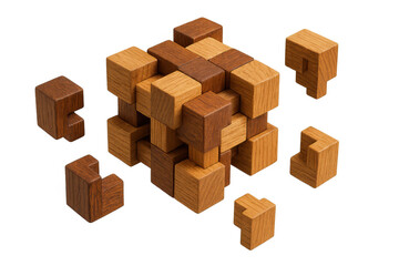 Wooden block puzzle assembling, demonstrating problem-solving, logic, and challenge, with pieces coming together on transparent background