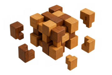 Wooden block puzzle assembling, demonstrating problem-solving, logic, and challenge, with pieces coming together on transparent background