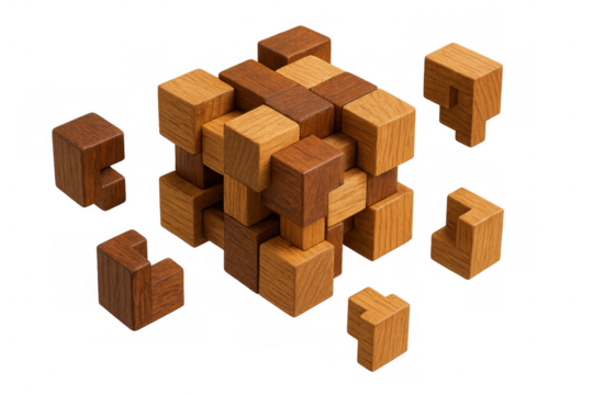 Wooden block puzzle assembling, demonstrating problem-solving, logic, and challenge, with pieces coming together on transparent background