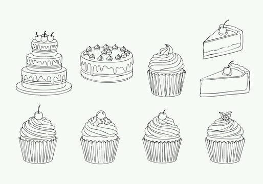 Sweet Delights Hand-Drawn Cakes and Cupcakes Illustration
