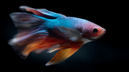 Fototapeta premium High-speed photograph of a single Betta fish twisting in motion, fins flowing like silk under studio lighting, isolated on a black background. The fish displays a gradient of vivid