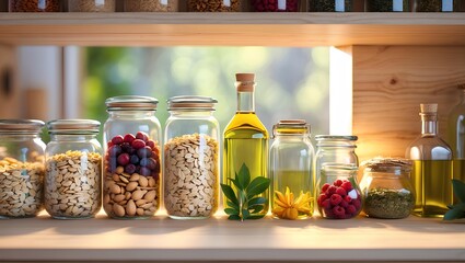 Healthy Lifestyle open kitchen shelves arranged with wholesome ingredients and clean-label products inspiring mindful eating habits in a bright, modern space designed for everyday wellness