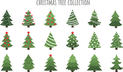 Christmas tree collection, 18 festive stylized designs, green holiday icons with ornaments and stars, seasonal vector illustration set, decorative graphic elements © Tanjimul