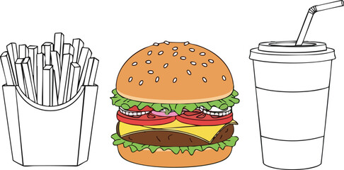 Fast Food Feast Hamburger, Fries, and Soda Illustration