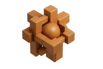 Wooden interlocking burr puzzle with sphere piece representing problem-solving, logic, and intelligence on transparent background