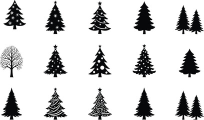 Christmas tree silhouette collection, black and white festive vector set with decorated and minimal designs, holiday graphic elements, seasonal illustration grid