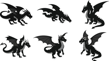 Black dragon illustrations set, fantasy flying reptiles with wings horns tails, fierce cartoon style, dark monochrome vector, game mascot creatures © jamiul