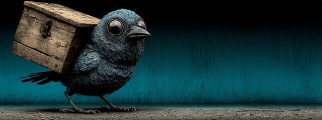 Obraz premium a cartoonish bird with a wooden crate on its head