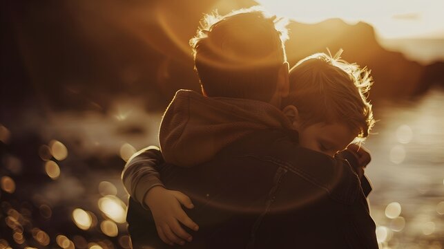 Two children hugging in warm sunlight symbolizing healing through love emotional comfort and mutual support during difficult times. Mental health and family concept