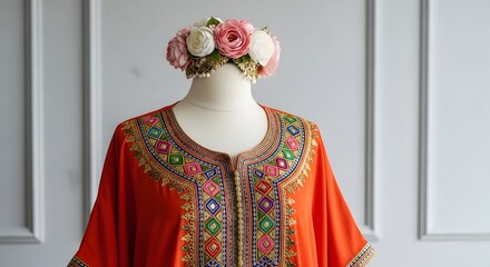 Elegant orange kaftan dress with intricate colorful embroidery and floral headband