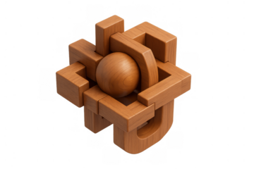 Wooden interlocking burr puzzle with sphere, solving a complex logic brain teaser, intelligence and challenge concept