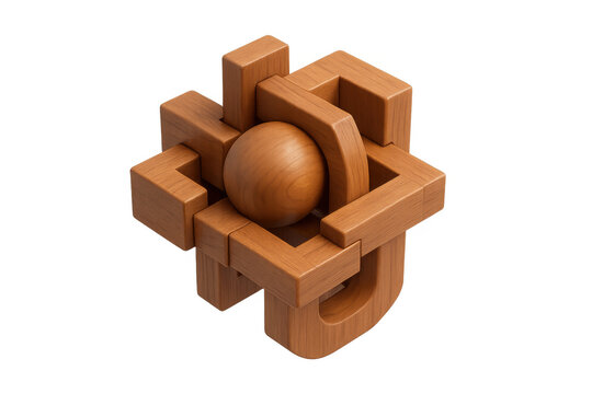 Wooden interlocking burr puzzle with sphere, solving a complex logic brain teaser, intelligence and challenge concept