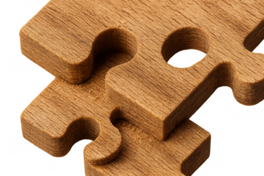 Wooden jigsaw puzzle pieces connecting, representing teamwork, unity, strategy, solution, and problem-solving concept, transparent background
