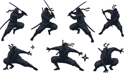 Ninja vector set, dynamic combat poses with katana and shuriken, stealth warriors crouching attacking, martial arts fighters, dark monochrome illustration.
