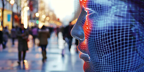 Digital face scan overlaid on a person in a busy city street, representing technology and urban life.
