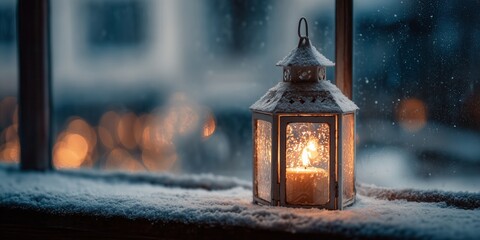Vintage lantern with glowing candle on snow-dusted windowsill against falling flakes and blurred lights. Intimate winter night glow, magical Christmas window vibe.