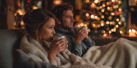 Couple in matching pajamas sip from mugs under shared knit blanket on couch with glowing Christmas tree bokeh. Intimate cocoa cuddle, cozy holiday romance vibe.