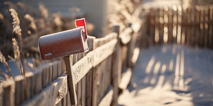 Red mailbox with raised flag covered in fresh snow on wooden post by fence in golden winter sunlight. Serene snowy holiday mail anticipation, peaceful rural Christmas vibe.
